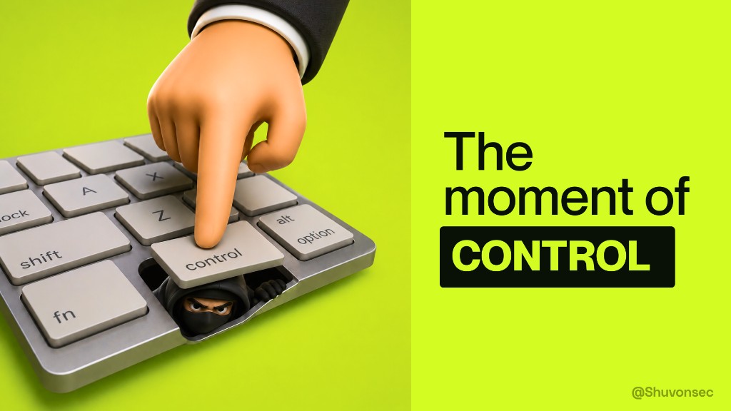 A finger pressing the control key on a keyboard, with an intruder hidden beneath it. The moment of control.