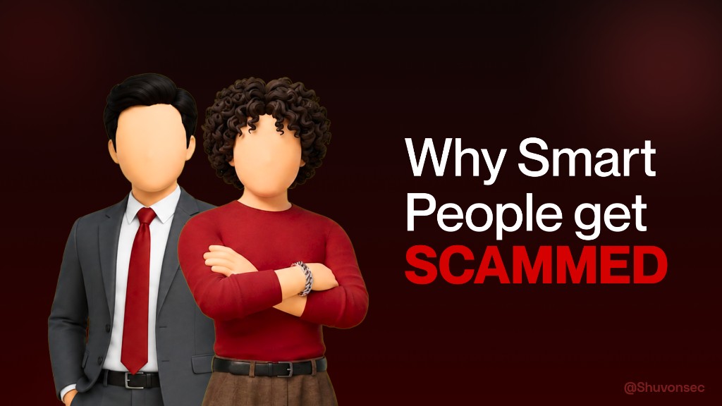 Two professionally dressed figures. Why smart people get scammed.